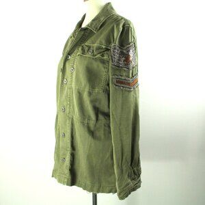 Free People Military Green Embellished Sleeve Patch Button-Up Shirt Jacket M
